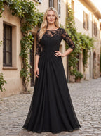 Black Chiffon A-Line Scoop Neck Keyhole Back Floor-Length Dress with Lace Appliques - Curvevia