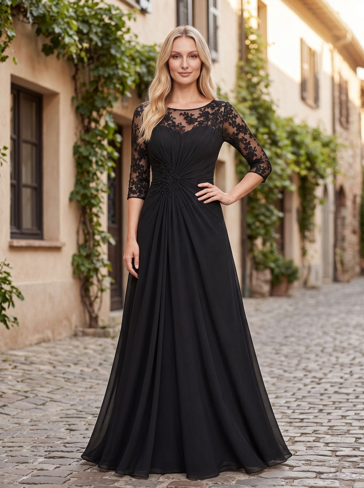 Black Chiffon A-Line Scoop Neck Keyhole Back Floor-Length Dress with Lace Appliques - Curvevia
