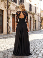 Black Chiffon A-Line Scoop Neck Keyhole Back Floor-Length Dress with Lace Appliques - Curvevia