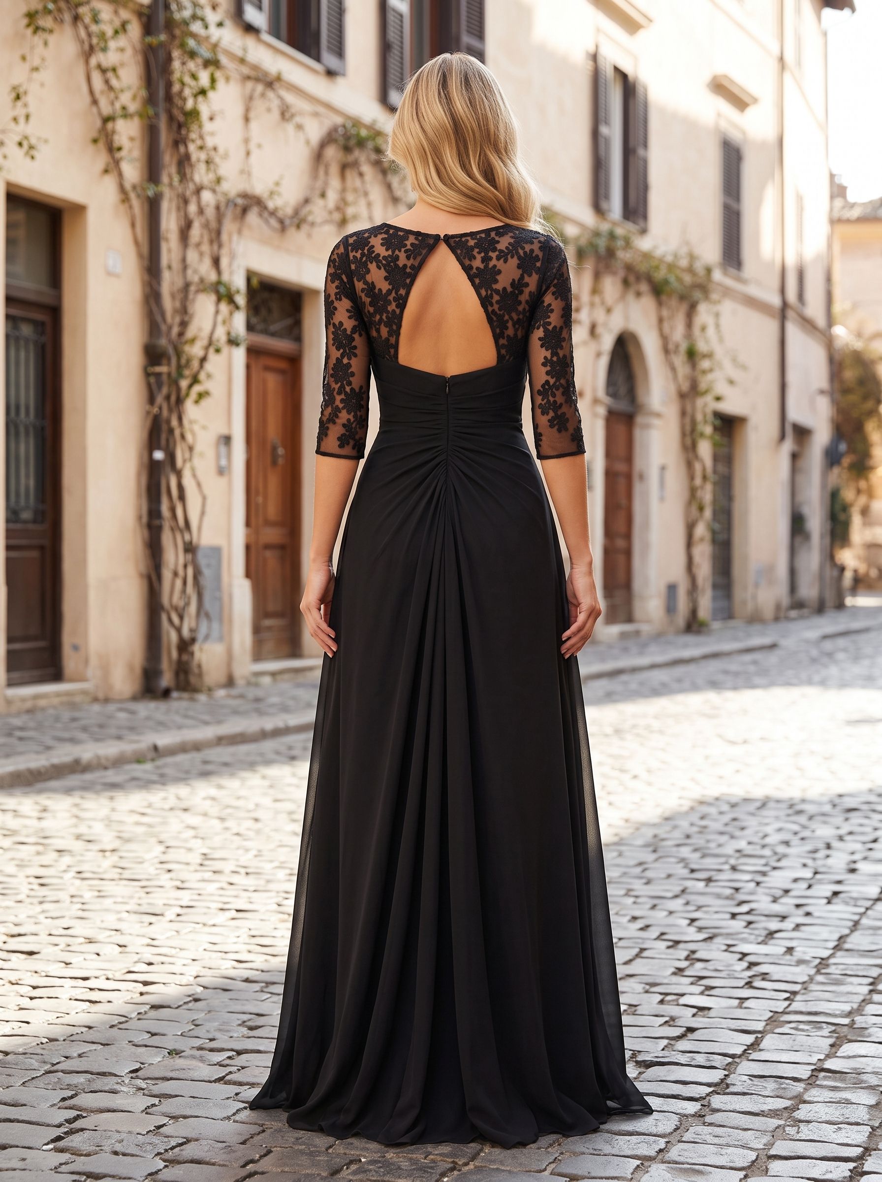 Black Chiffon A-Line Scoop Neck Keyhole Back Floor-Length Dress with Lace Appliques - Curvevia