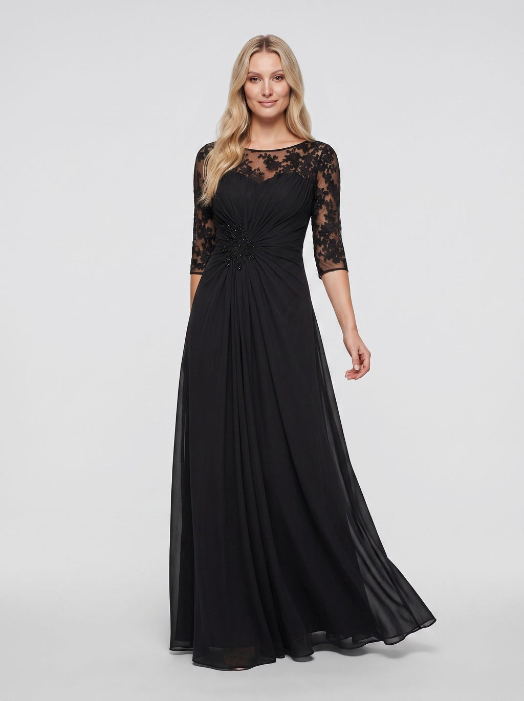 Black Chiffon A-Line Scoop Neck Keyhole Back Floor-Length Dress with Lace Appliques - Curvevia