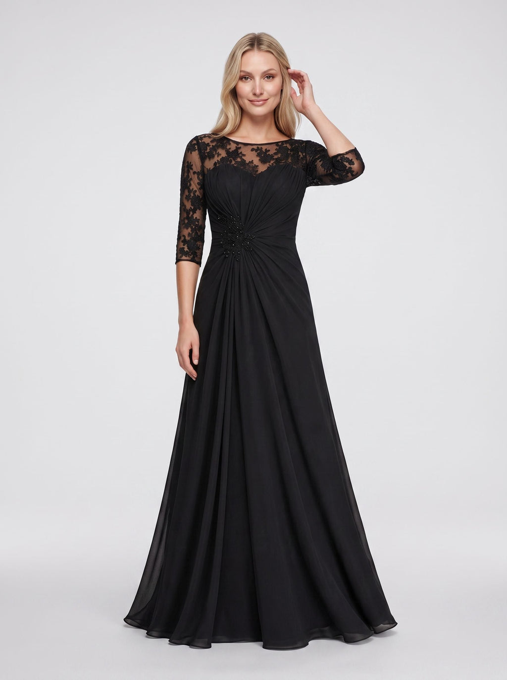 Black Chiffon A-Line Scoop Neck Keyhole Back Floor-Length Dress with Lace Appliques - Curvevia