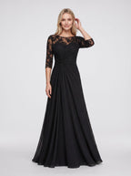 Black Chiffon A-Line Scoop Neck Keyhole Back Floor-Length Dress with Lace Appliques - Curvevia
