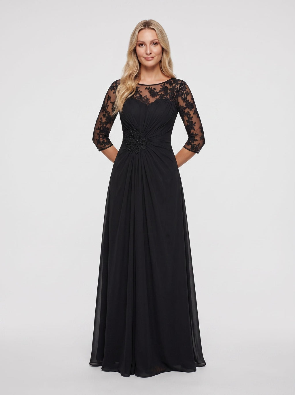 Black Chiffon A-Line Scoop Neck Keyhole Back Floor-Length Dress with Lace Appliques - Curvevia