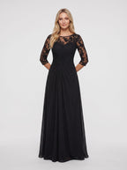 Black Chiffon A-Line Scoop Neck Keyhole Back Floor-Length Dress with Lace Appliques - Curvevia