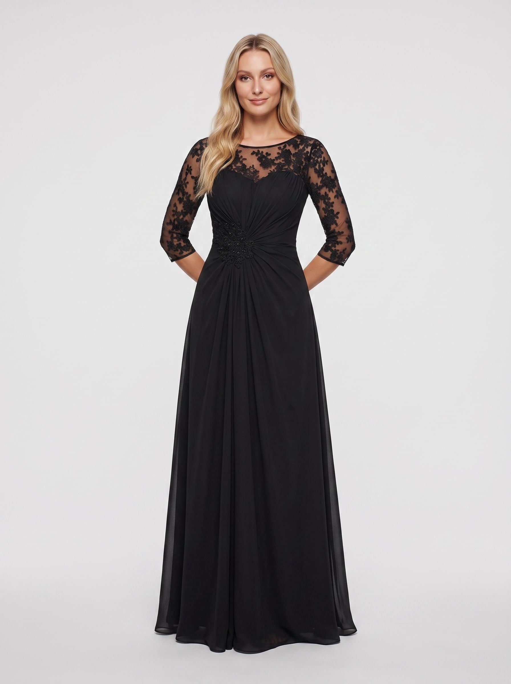 Black Chiffon A-Line Scoop Neck Keyhole Back Floor-Length Dress with Lace Appliques - Curvevia