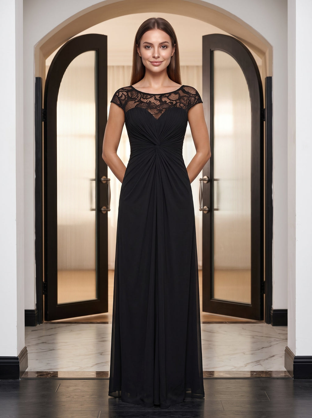 Black Chiffon & Lace Sheath Scoop Neck Illusion Floor-Length Dress with Ruched Bodice - Curvevia