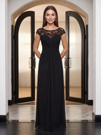 Black Chiffon & Lace Sheath Scoop Neck Illusion Floor-Length Dress with Ruched Bodice - Curvevia