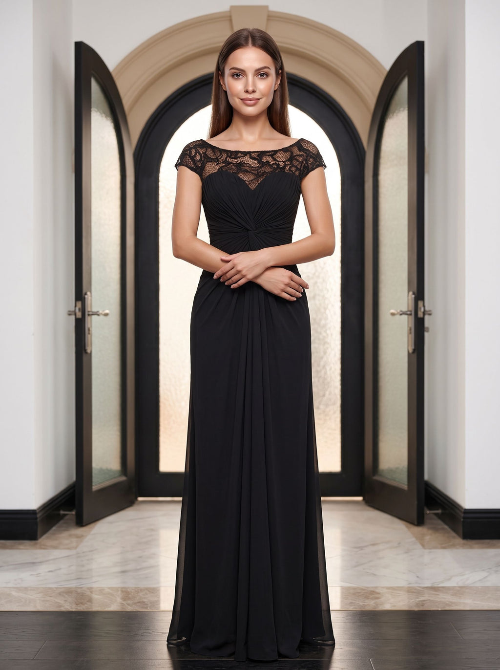 Black Chiffon & Lace Sheath Scoop Neck Illusion Floor-Length Dress with Ruched Bodice - Curvevia