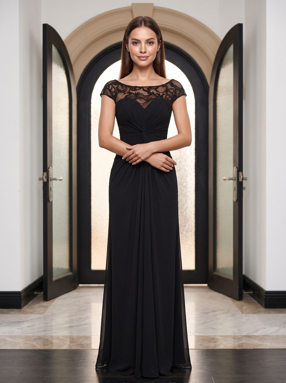 Black Chiffon & Lace Sheath Scoop Neck Illusion Floor-Length Dress with Ruched Bodice - Curvevia