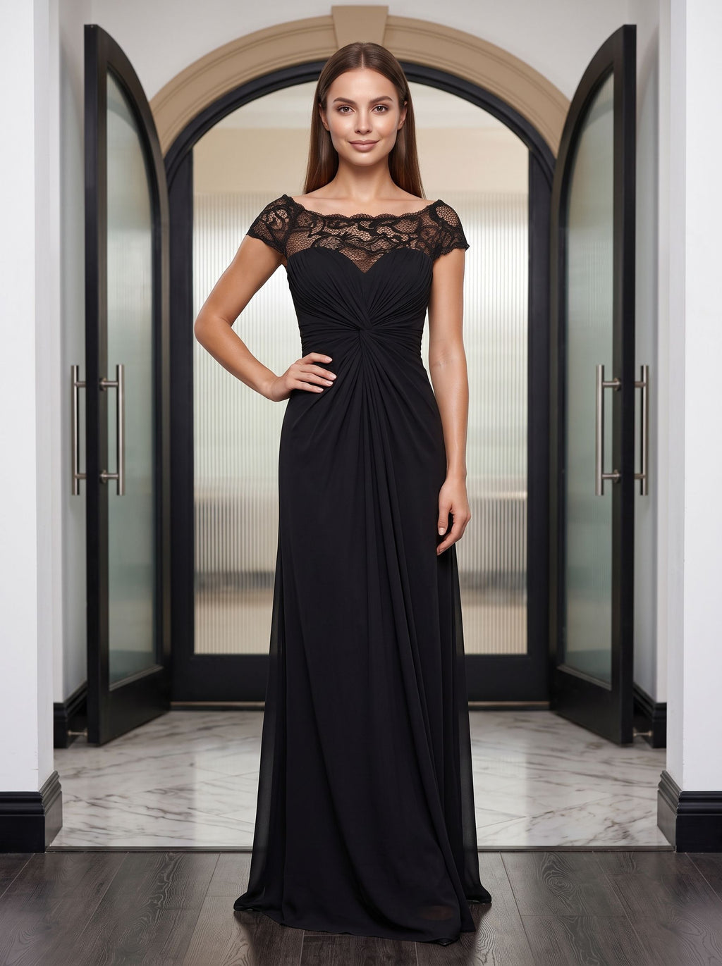 Black Chiffon & Lace Sheath Scoop Neck Illusion Floor-Length Dress with Ruched Bodice - Curvevia