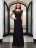Black Chiffon & Lace Sheath Scoop Neck Illusion Floor-Length Dress with Ruched Bodice - Curvevia