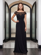 Black Chiffon & Lace Sheath Scoop Neck Illusion Floor-Length Dress with Ruched Bodice - Curvevia