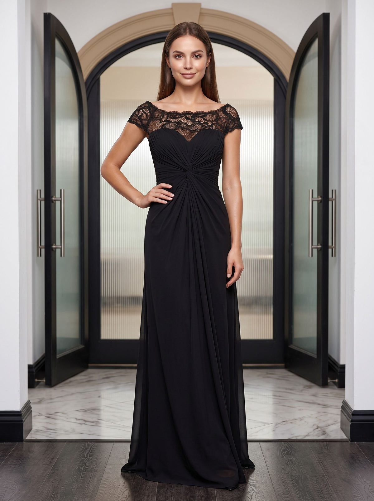 Black Chiffon & Lace Sheath Scoop Neck Illusion Floor-Length Dress with Ruched Bodice - Curvevia