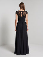 Black Chiffon & Lace Sheath Scoop Neck Illusion Floor-Length Dress with Ruched Bodice - Curvevia