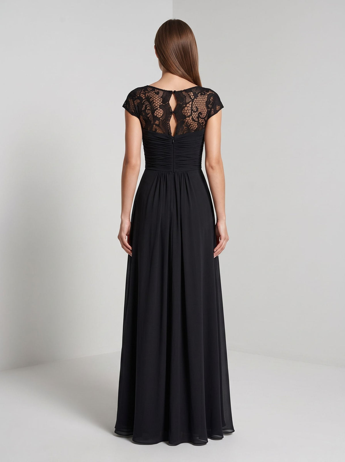 Black Chiffon & Lace Sheath Scoop Neck Illusion Floor-Length Dress with Ruched Bodice - Curvevia