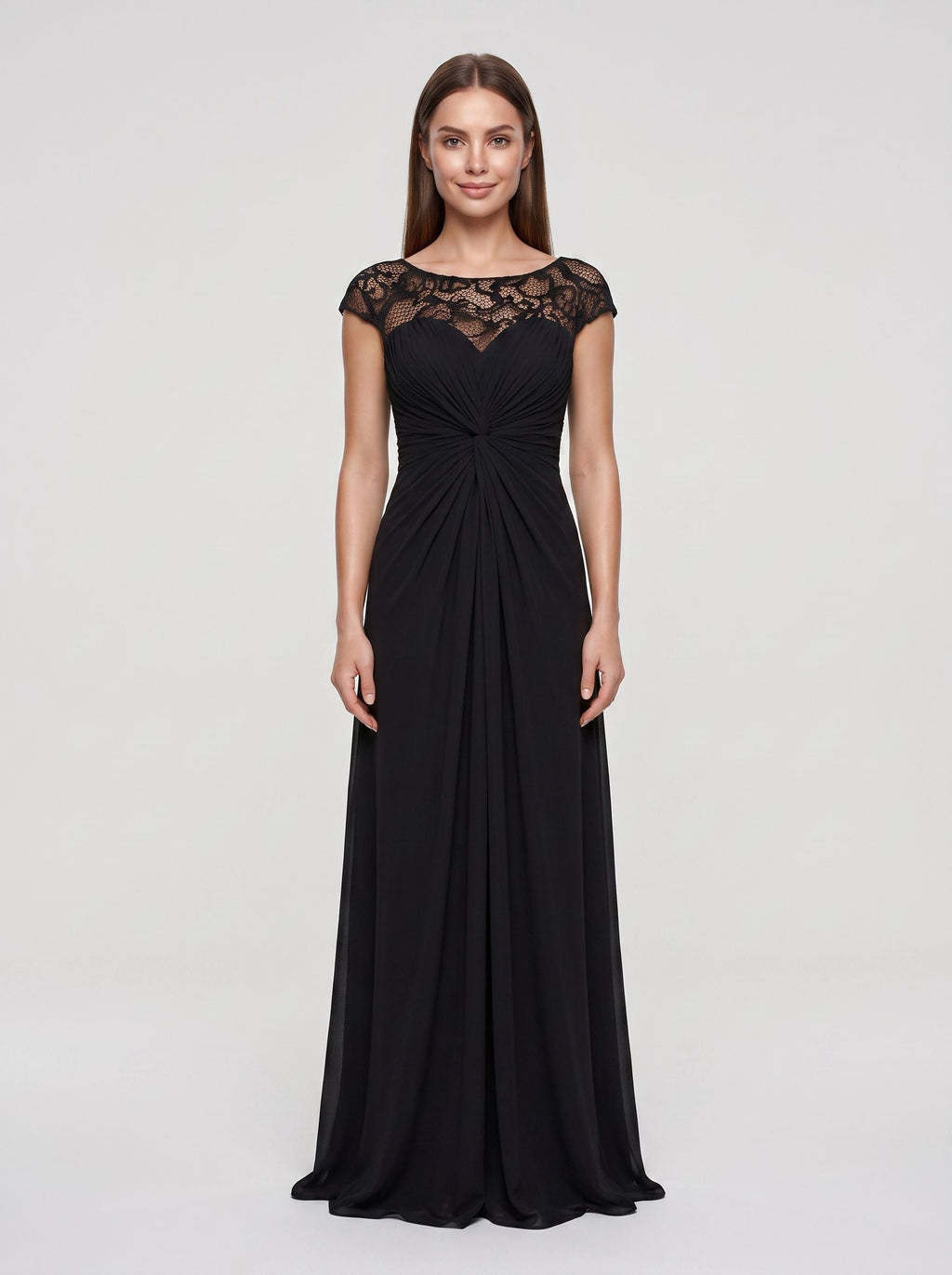 Black Chiffon & Lace Sheath Scoop Neck Illusion Floor-Length Dress with Ruched Bodice - Curvevia