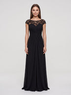 Black Chiffon & Lace Sheath Scoop Neck Illusion Floor-Length Dress with Ruched Bodice - Curvevia