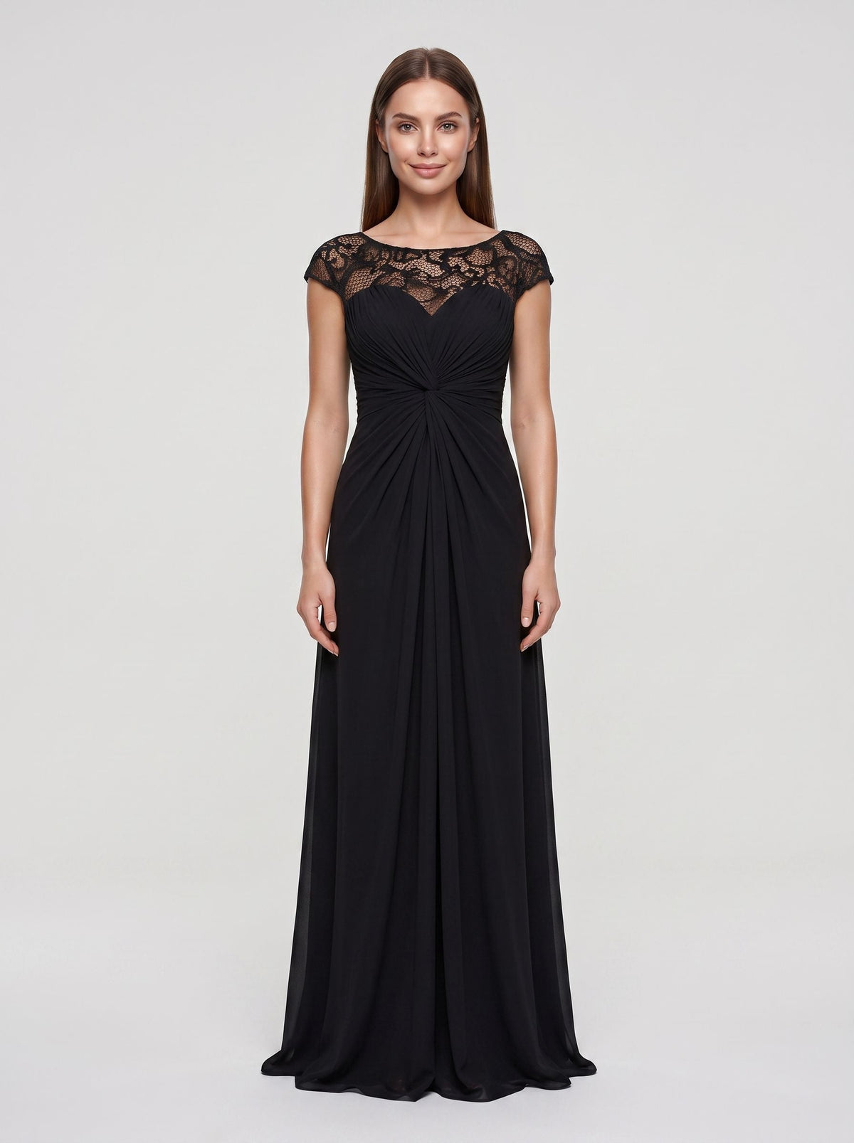 Black Chiffon & Lace Sheath Scoop Neck Illusion Floor-Length Dress with Ruched Bodice - Curvevia