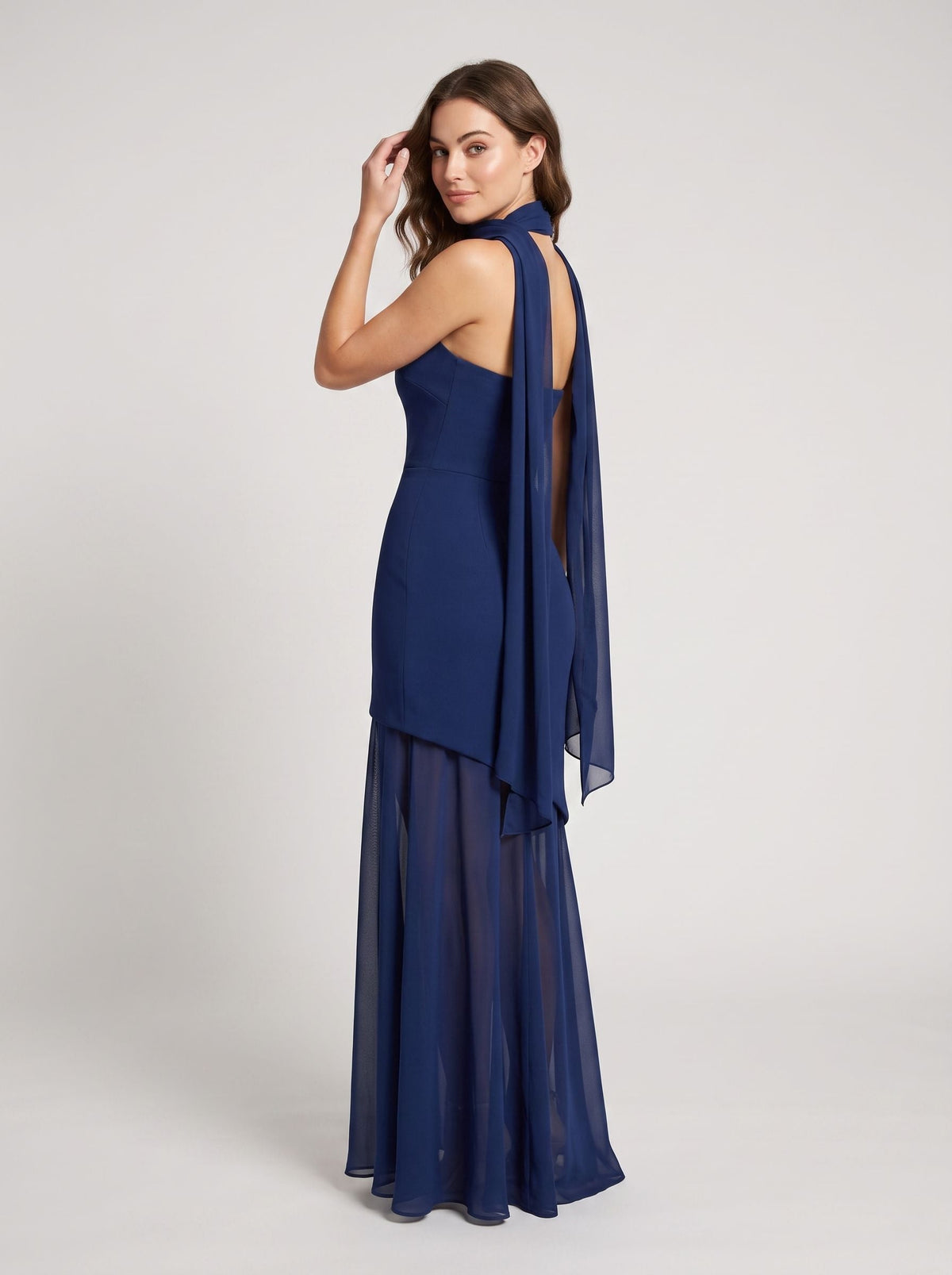 Navy Blue Chiffon Mermaid Straight Neck Back Zip Floor-Length Dress with Scarf - Curvevia