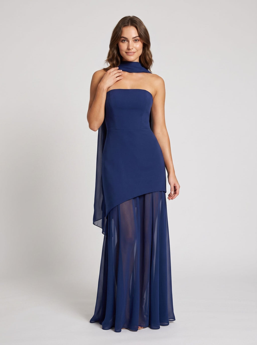 Navy Blue Chiffon Mermaid Straight Neck Back Zip Floor-Length Dress with Scarf - Curvevia