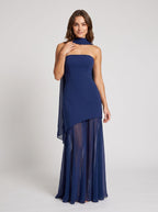Navy Blue Chiffon Mermaid Straight Neck Back Zip Floor-Length Dress with Scarf - Curvevia