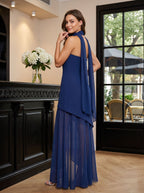 Navy Blue Chiffon Mermaid Straight Neck Back Zip Floor-Length Dress with Scarf - Curvevia