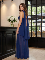 Navy Blue Chiffon Mermaid Straight Neck Back Zip Floor-Length Dress with Scarf - Curvevia
