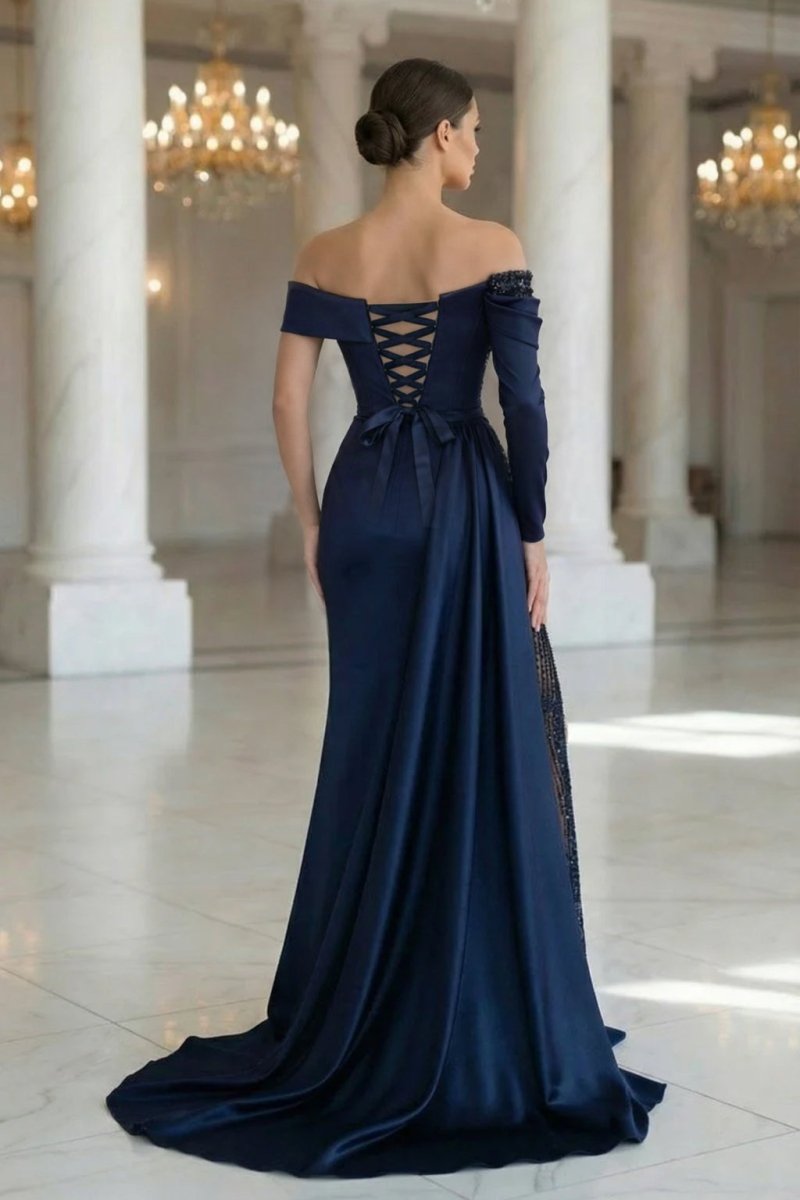 Sheath Off-The-Shoulder Long Sleeves Satin/Sequined Prom Dresses - Curvevia