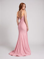 Petal Stretch Knit Mermaid V-Neck Back Zip Floor-Length Dress with 3D Floral Straps - Curvevia