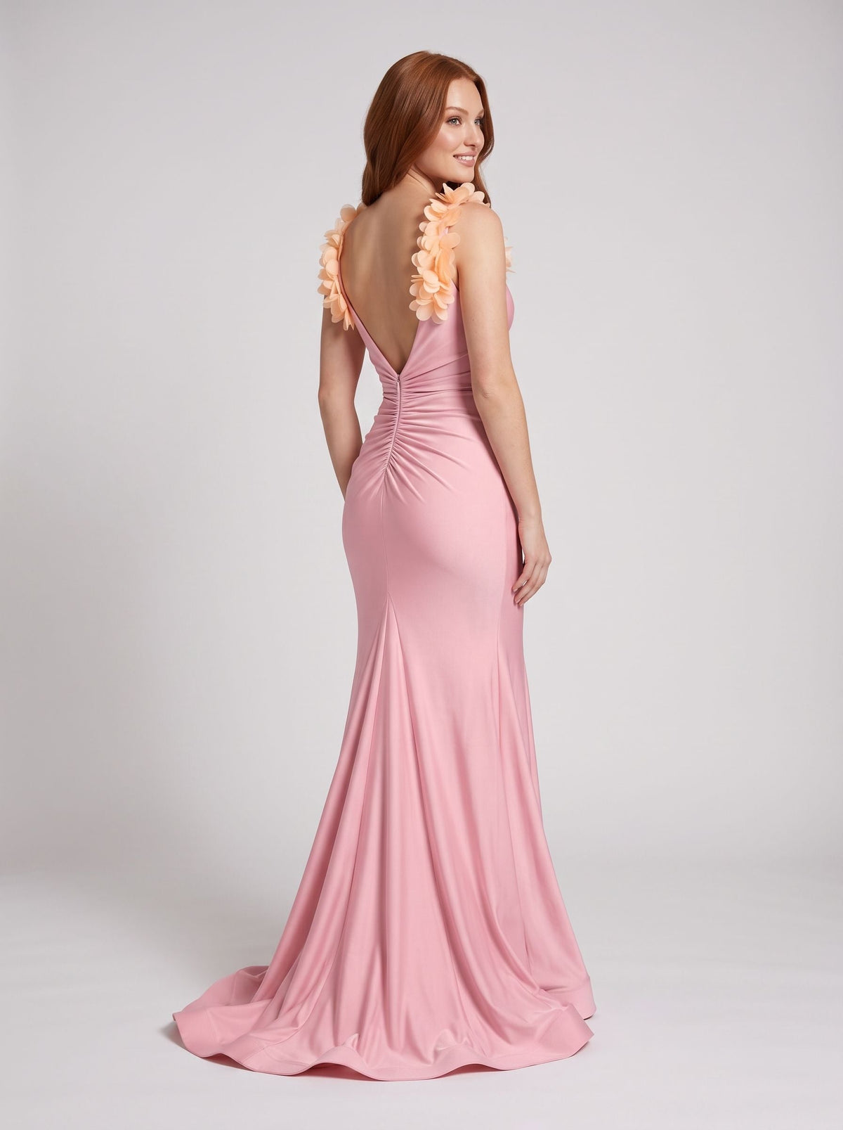 Petal Stretch Knit Mermaid V-Neck Back Zip Floor-Length Dress with 3D Floral Straps - Curvevia