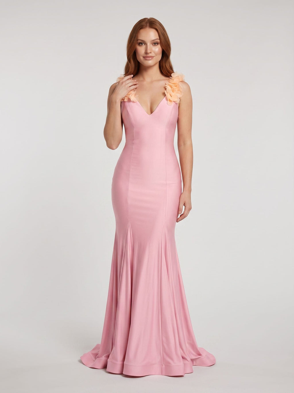 Petal Stretch Knit Mermaid V-Neck Back Zip Floor-Length Dress with 3D Floral Straps - Curvevia
