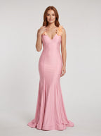 Petal Stretch Knit Mermaid V-Neck Back Zip Floor-Length Dress with 3D Floral Straps - Curvevia