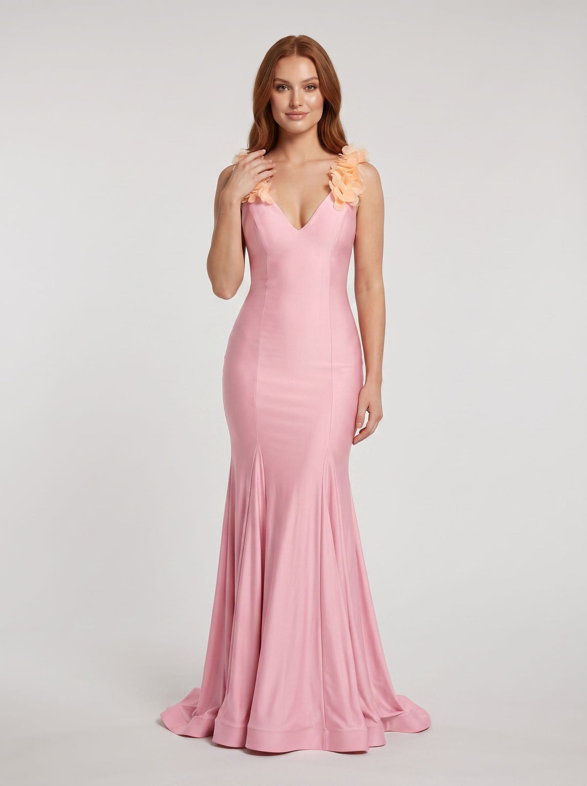 Petal Stretch Knit Mermaid V-Neck Back Zip Floor-Length Dress with 3D Floral Straps - Curvevia
