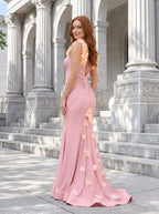 Petal Stretch Knit Mermaid V-Neck Back Zip Floor-Length Dress with 3D Floral Straps - Curvevia