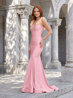 Petal Stretch Knit Mermaid V-Neck Back Zip Floor-Length Dress with 3D Floral Straps - Curvevia