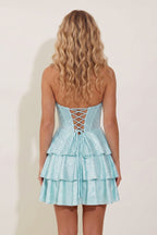 Navy Blue Halter Ruffled A-Line Corset Homecoming Dress With Beading - Curvevia