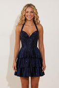 Navy Blue Halter Ruffled A-Line Corset Homecoming Dress With Beading - Curvevia