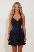 Navy Blue Halter Ruffled A-Line Corset Homecoming Dress With Beading - Curvevia