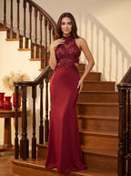 Rust Satin Mermaid Halter neckline Backless Floor-Length Dress with Beaded Appliques - Curvevia