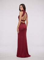 Rust Satin Mermaid Halter neckline Backless Floor-Length Dress with Beaded Appliques - Curvevia