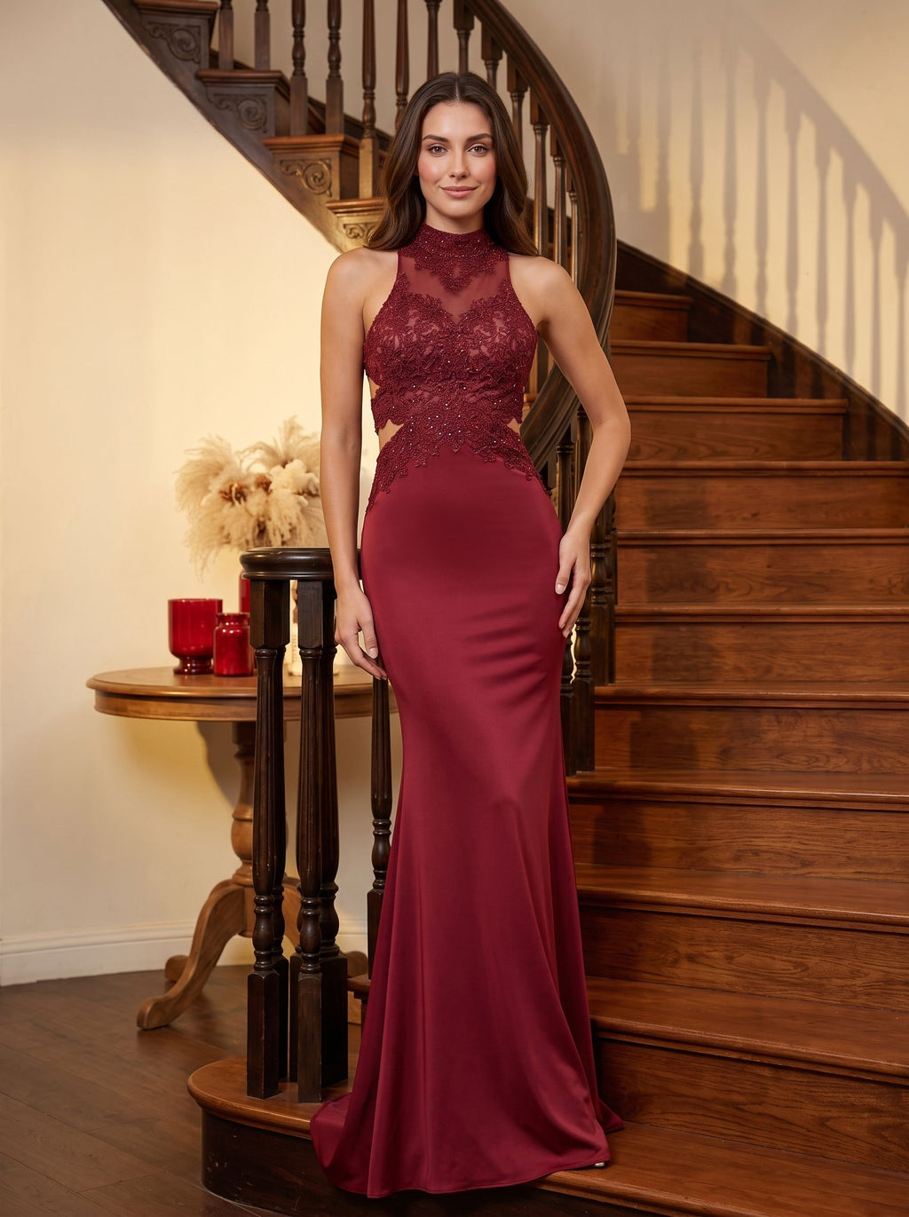 Rust Satin Mermaid Halter neckline Backless Floor-Length Dress with Beaded Appliques - Curvevia