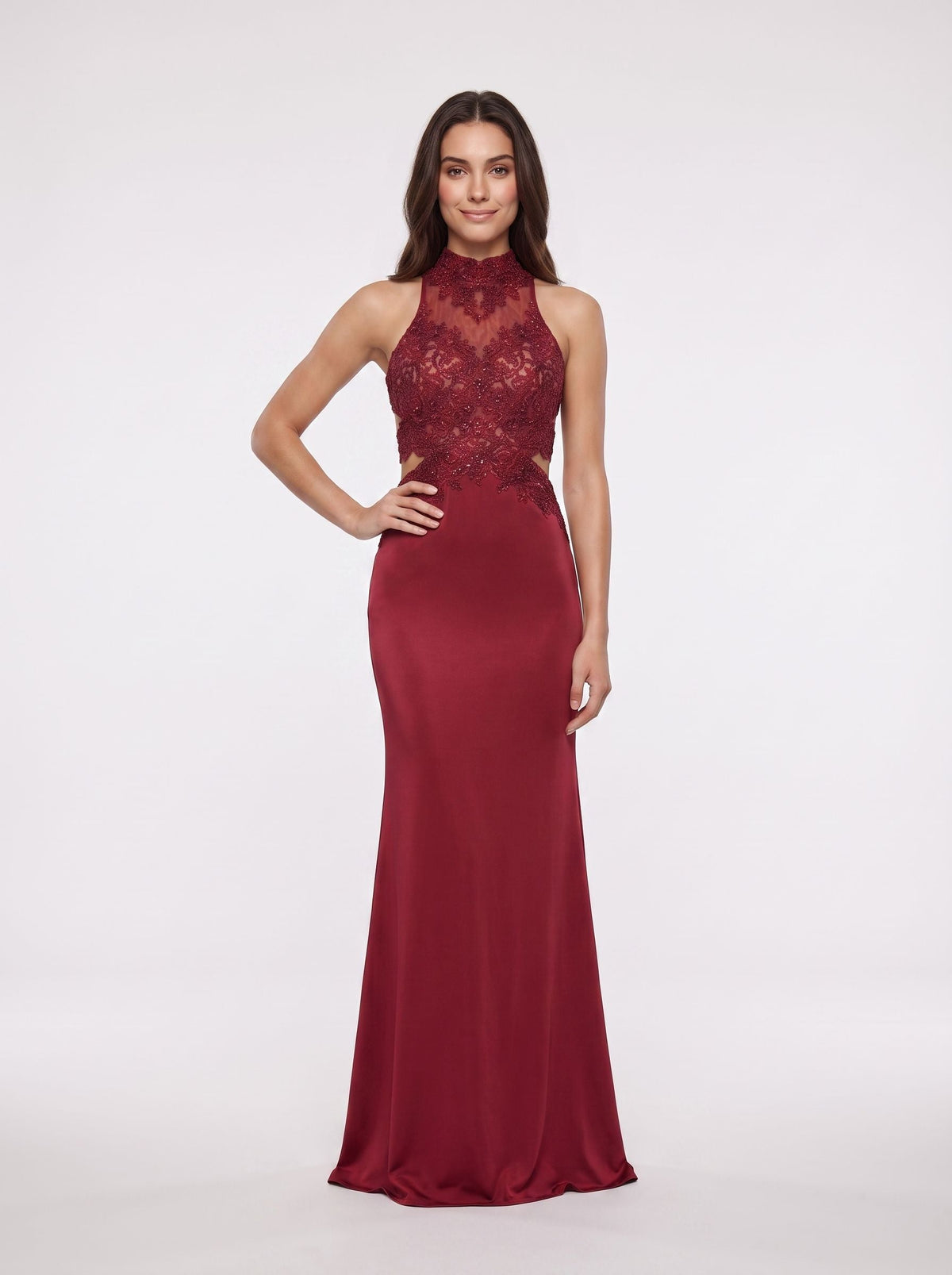 Rust Satin Mermaid Halter neckline Backless Floor-Length Dress with Beaded Appliques - Curvevia