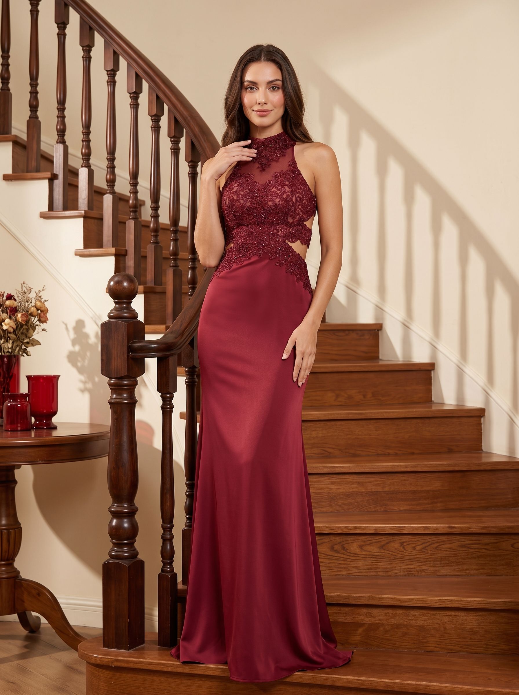 Rust Satin Mermaid Halter neckline Backless Floor-Length Dress with Beaded Appliques - Curvevia