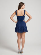 Navy Blue Lace A-Line Sweetheart Side Zip Short Dress with Bow Detail - Curvevia