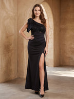 Black Satin Mermaid One Shoulder Back Zip Floor-Length Dress with Beading & Slit - Curvevia