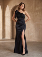 Black Satin Mermaid One Shoulder Back Zip Floor-Length Dress with Beading & Slit - Curvevia