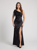 Black Satin Mermaid One Shoulder Back Zip Floor-Length Dress with Beading & Slit - Curvevia