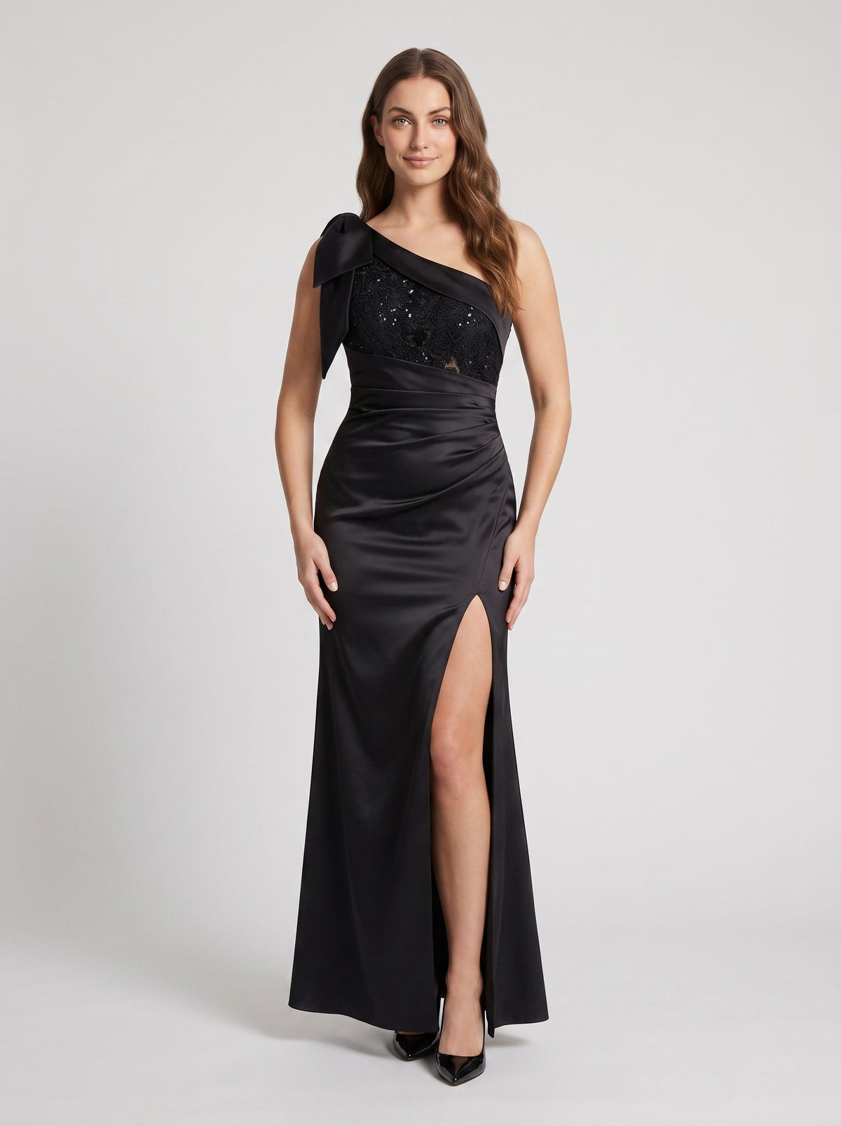 Black Satin Mermaid One Shoulder Back Zip Floor-Length Dress with Beading & Slit - Curvevia