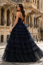 Spaghetti Straps Sweetheart Layered Tulle Formal Prom Dress with Slit - Curvevia